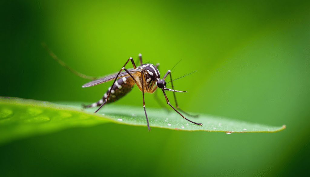 Close-up macro shot of a mosquito resting on a green leaf, showcasing intricate details, relevant for insect repellent sensitive skin.