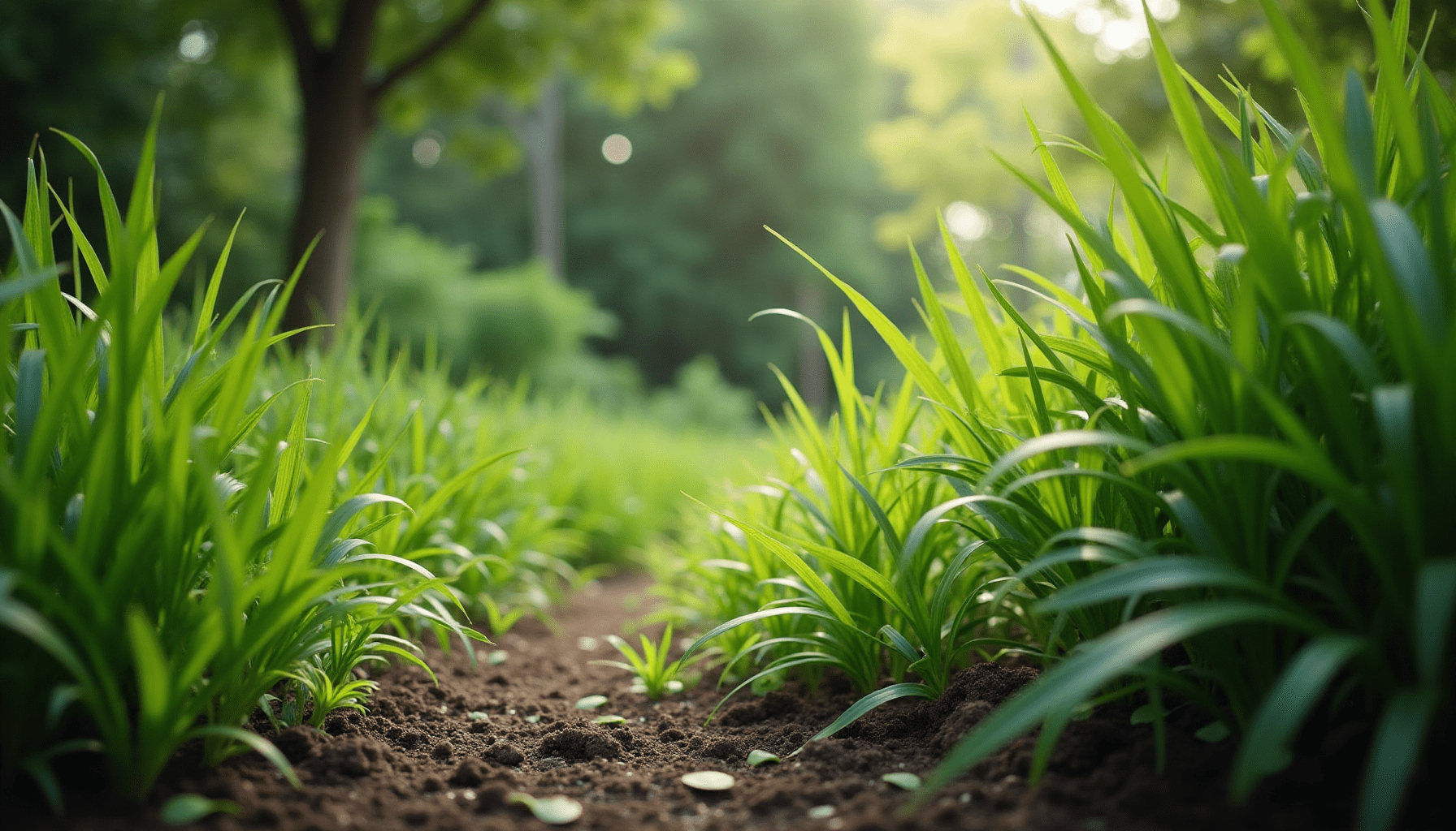 Lush, overgrown garden border with tall grass, representing a natural bug habitat, ideal for natural bug spray awareness.