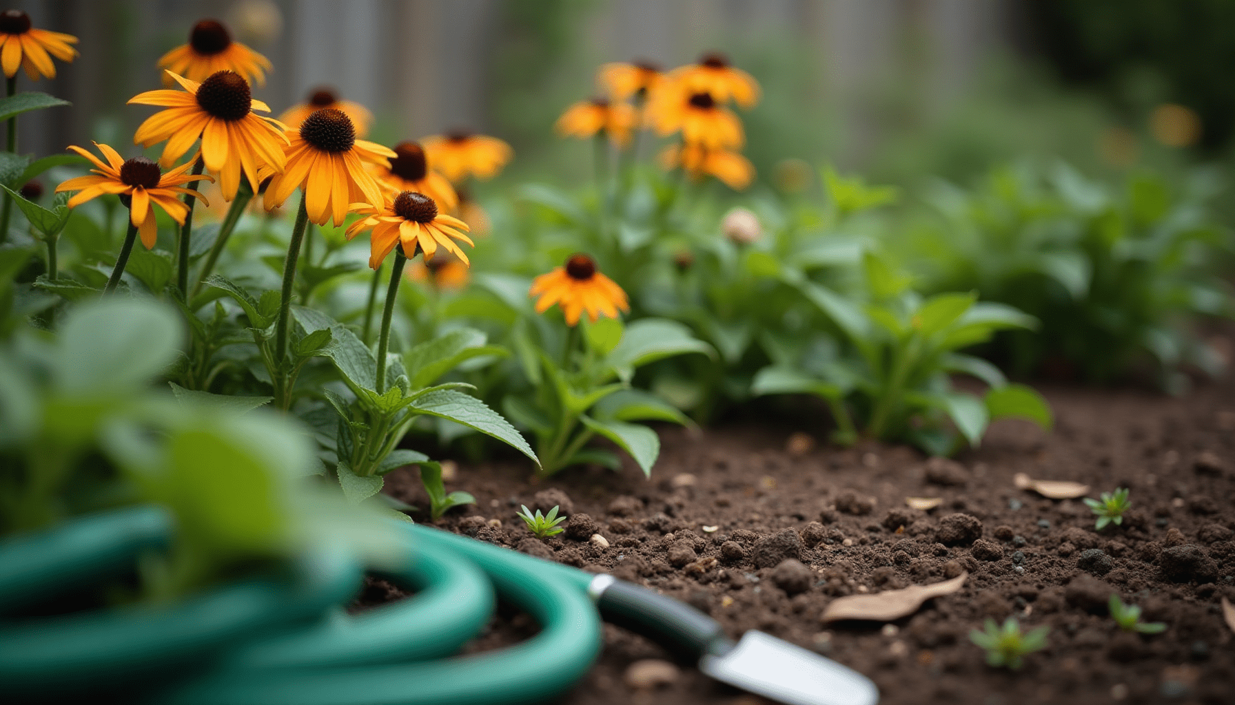 A lush backyard garden scene with flowering plants, representing a common habitat for insects causing bug bites.
