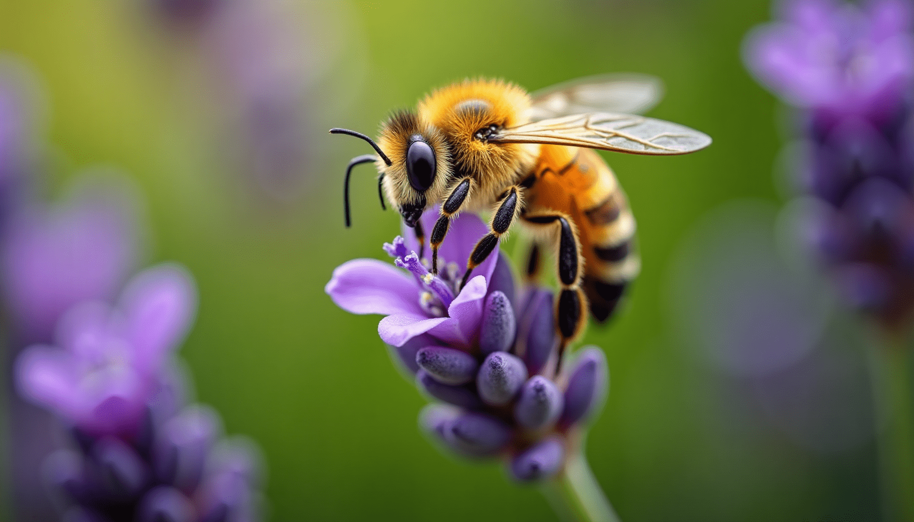 Extreme close-up of a honey bee on a lavender flower, highlighting intricate details and vibrant colors for insect sting relief.