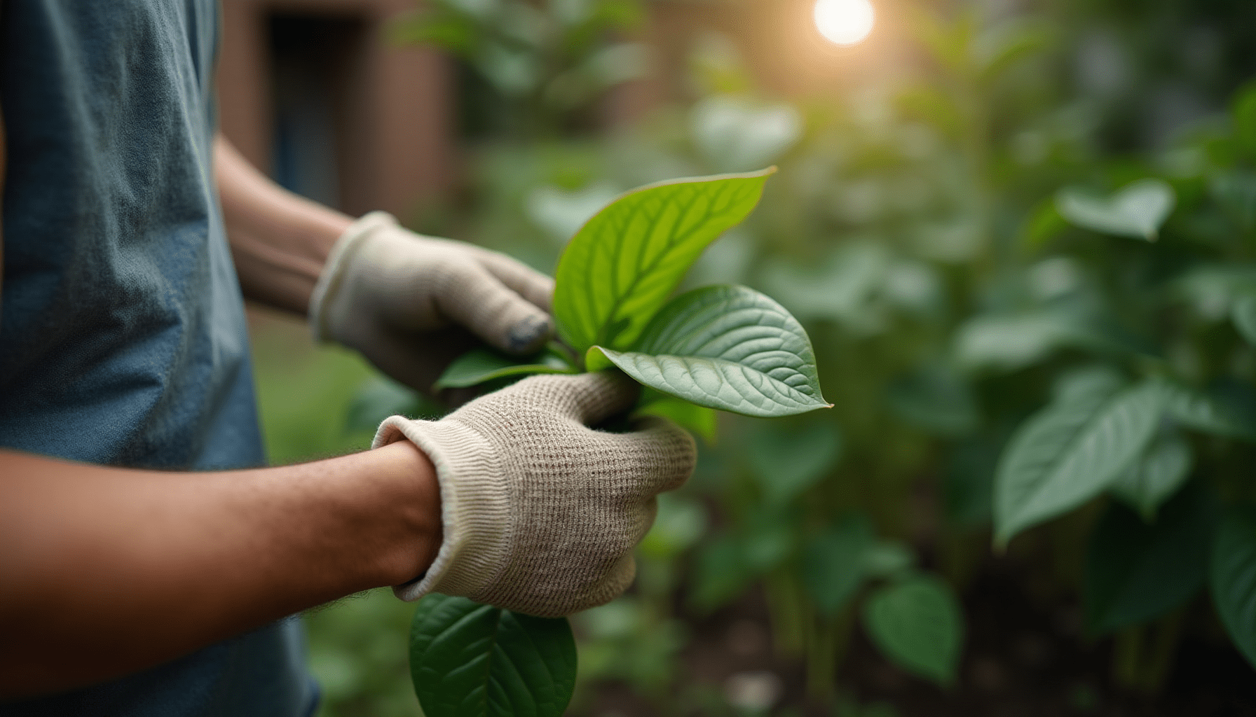 Person's hands gently inspecting a plant leaf in a garden, a common scenario for needing insect sting relief.