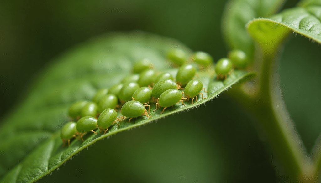 Aphids on a tomato leaf in a vegetable garden