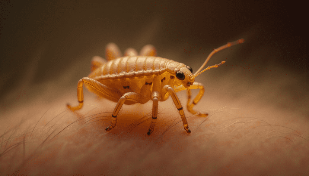 Detailed macro photo of a head louse on a hair strand, showing its body and legs, highlighting the need for nit removal.