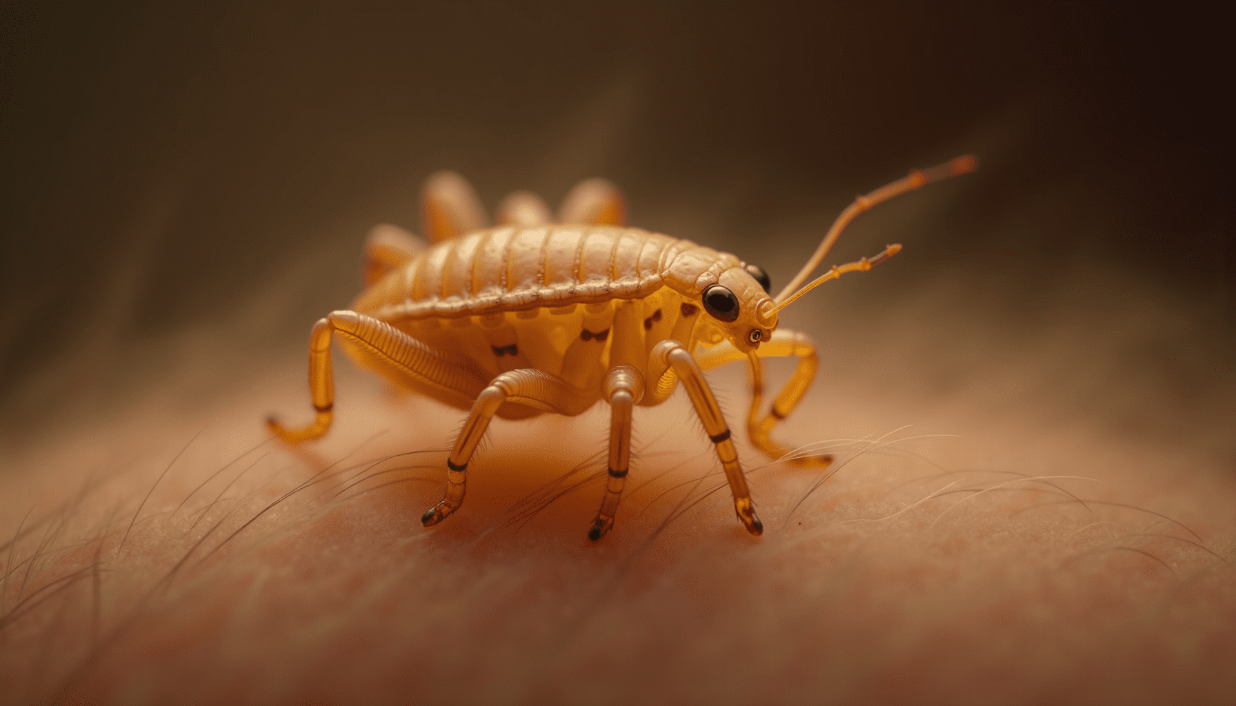 Detailed macro photo of a head louse on a hair strand, showing its body and legs, highlighting the need for nit removal.