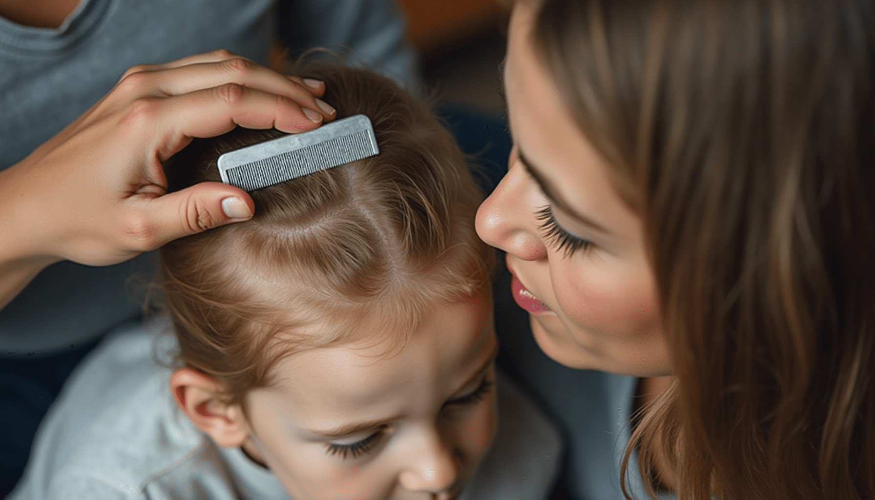 Parent inspecting child's hair for lice and nits, with a metal lice comb nearby, demonstrating lice treatment.