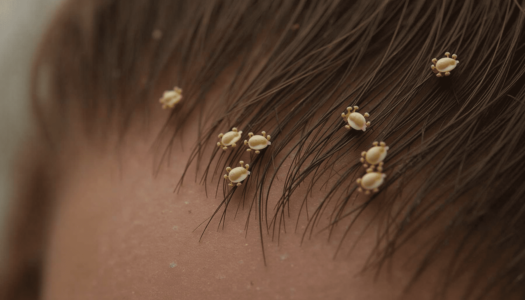 Close-up of human hair strands with visible nits attached, showing the challenge of nit removal.