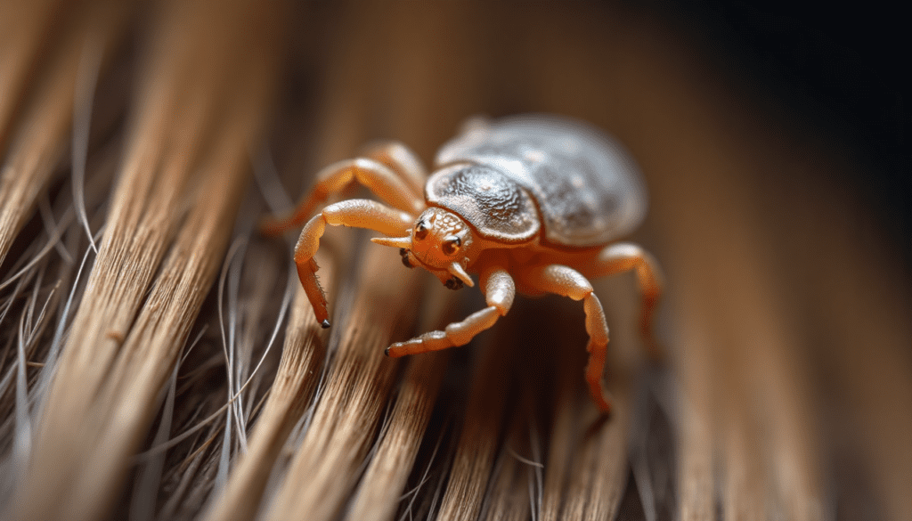 Stunning macro photo of a head louse gripping a strand of hair, highlighting details for lice prevention sprays.