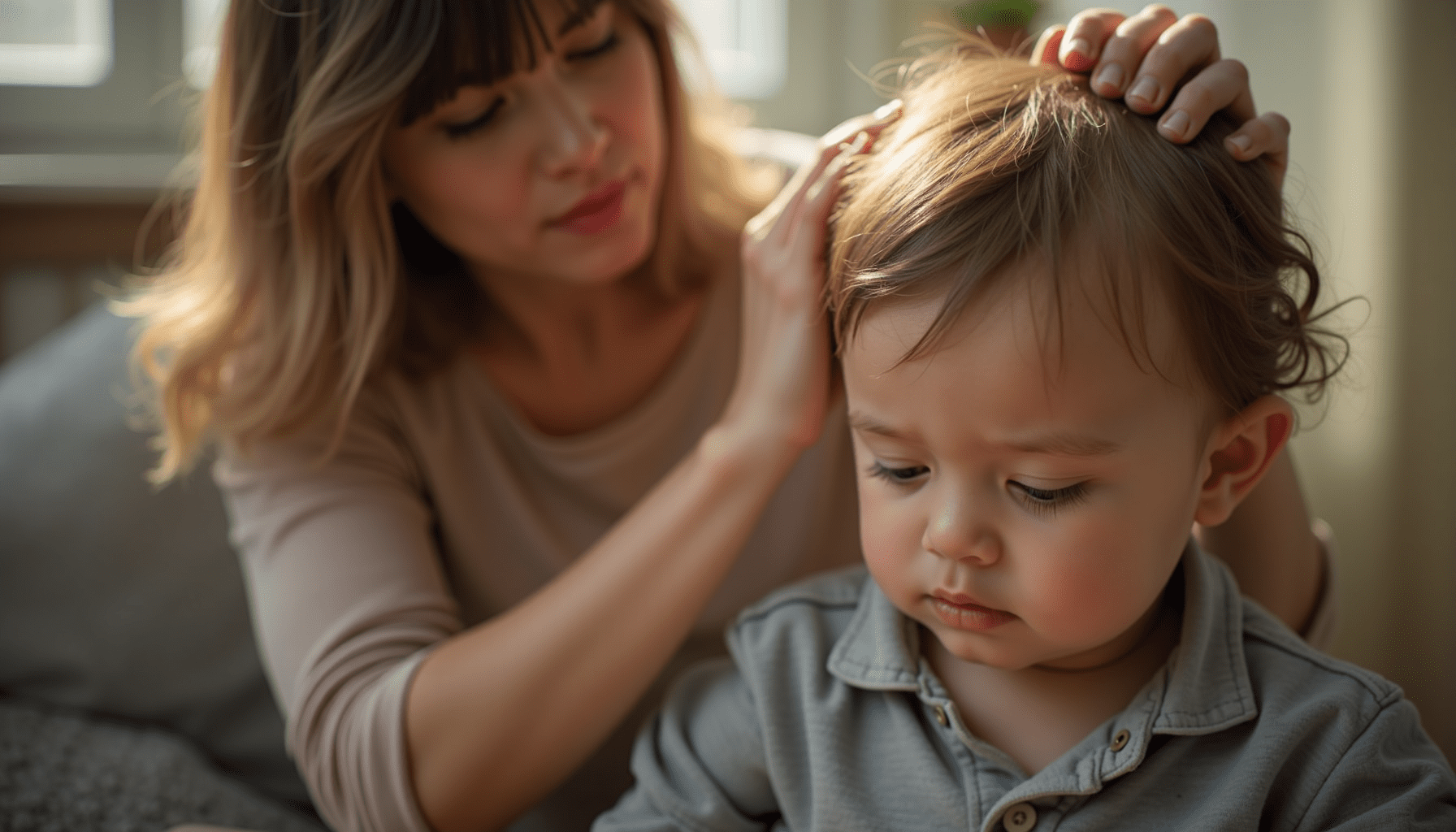 Parent carefully inspecting child's hair for lice, demonstrating practical use of lice prevention sprays.