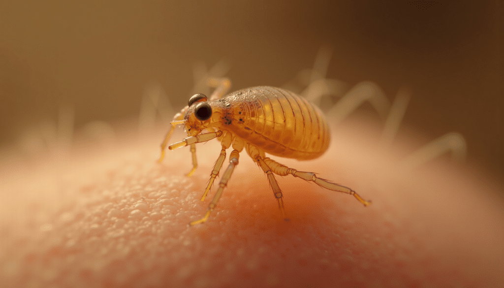 Detailed macro photo of an adult head louse clinging to a human hair strand, illustrating head lice treatment challenges.