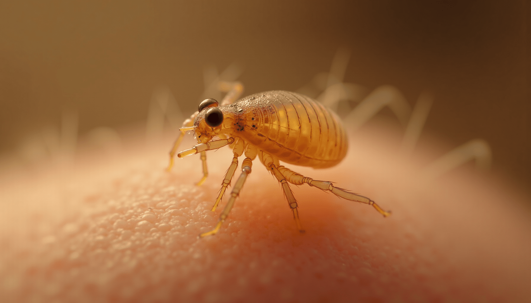 Detailed macro photo of an adult head louse clinging to a human hair strand, illustrating head lice treatment challenges.