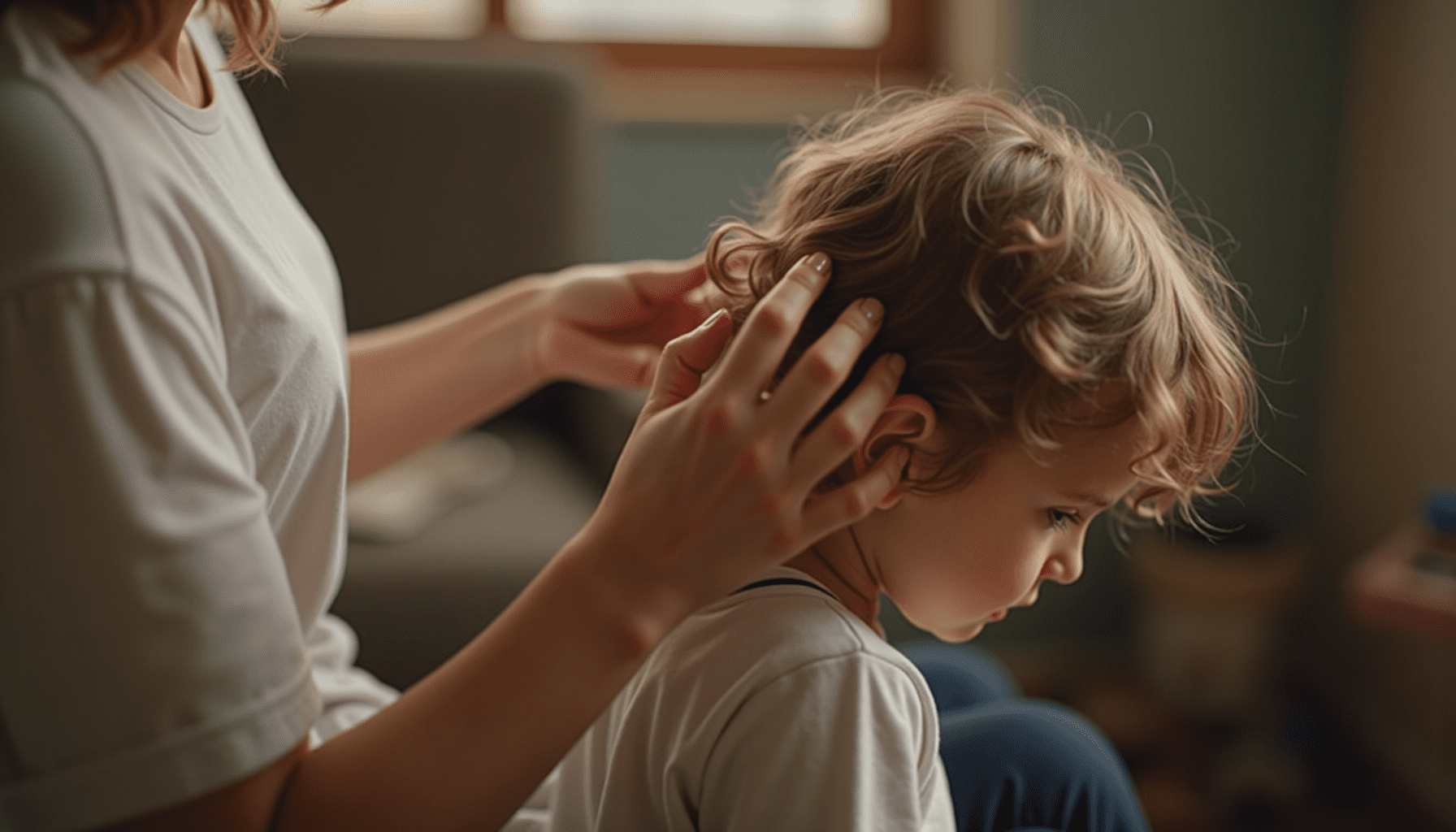 Parent carefully inspecting a child's hair for nits, demonstrating practical head lice treatment application.