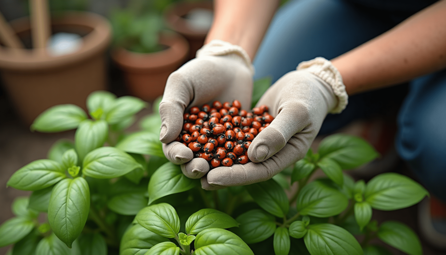 Gardener's hands releasing beneficial insects onto a basil plant for effective natural pest control.
