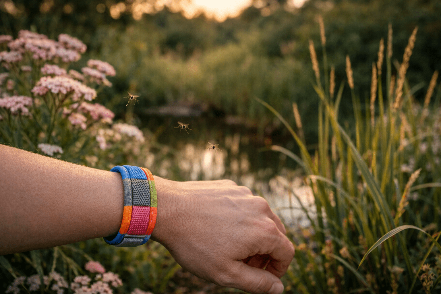 Mosquito repellent bracelet worn outdoors in garden setting with plants and grass where mosquitoes thrive