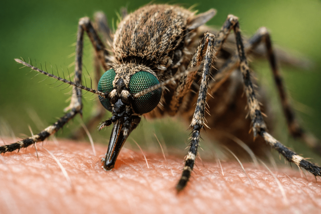 Detailed macro photo of mosquito on skin showing proboscis and compound eyes for mosquito repellent bracelet article