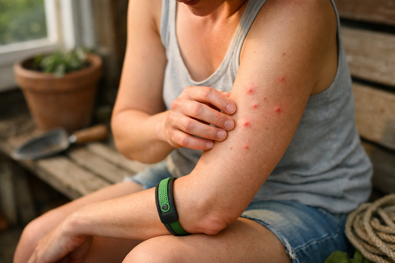 Person examining mosquito bites on arm while wearing repellent bracelet outdoors to test effectiveness