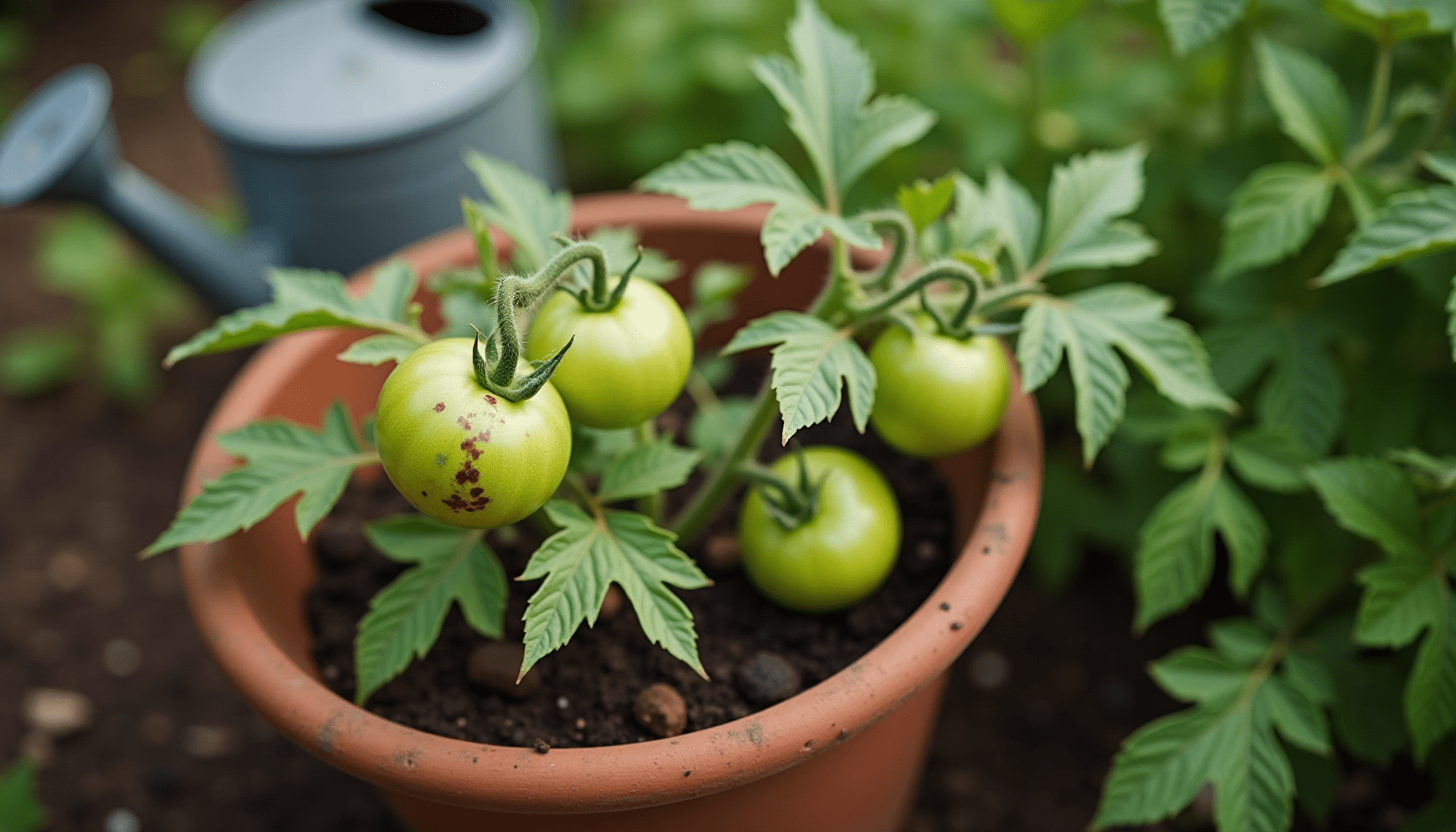 Garden tomato plant with pest damage, illustrating the need for neem oil for plants.