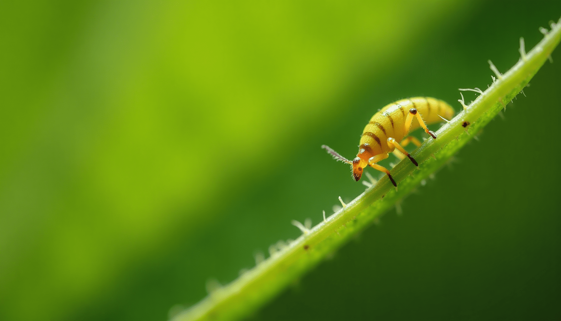 Dramatic macro close-up of a green aphid on a plant leaf, showcasing a common plant pest problem.