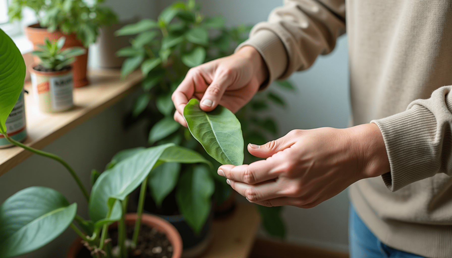 Person's hands inspecting a houseplant for pests, demonstrating organic pest control with neem oil sprays.
