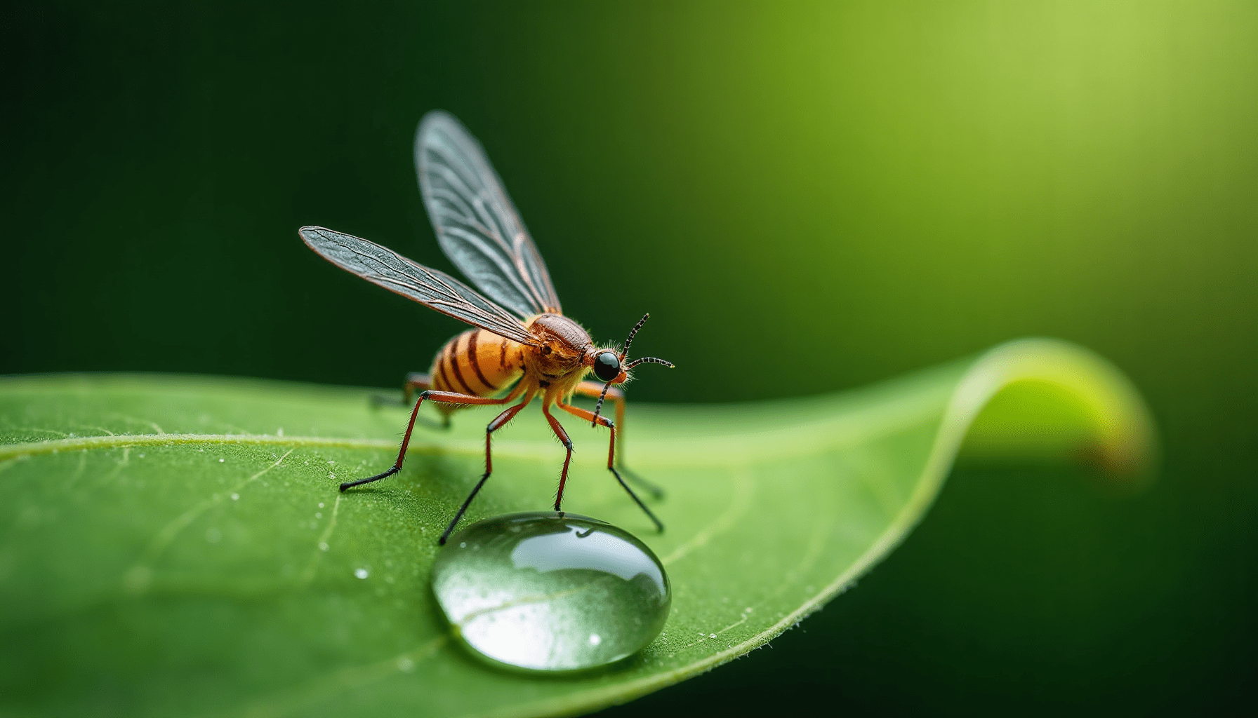 Close-up macro shot of a biting midge, commonly known as a no-see-um, resting on a green leaf with soft bokeh.