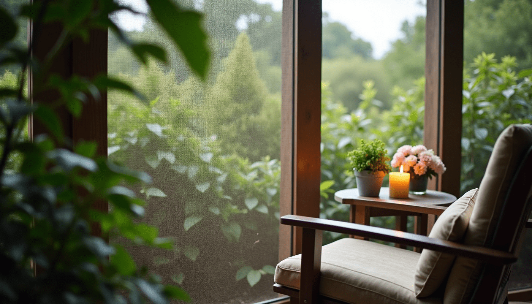 Screened-in porch surrounded by lush garden plants, demonstrating effective no-see-um screens for outdoor living.