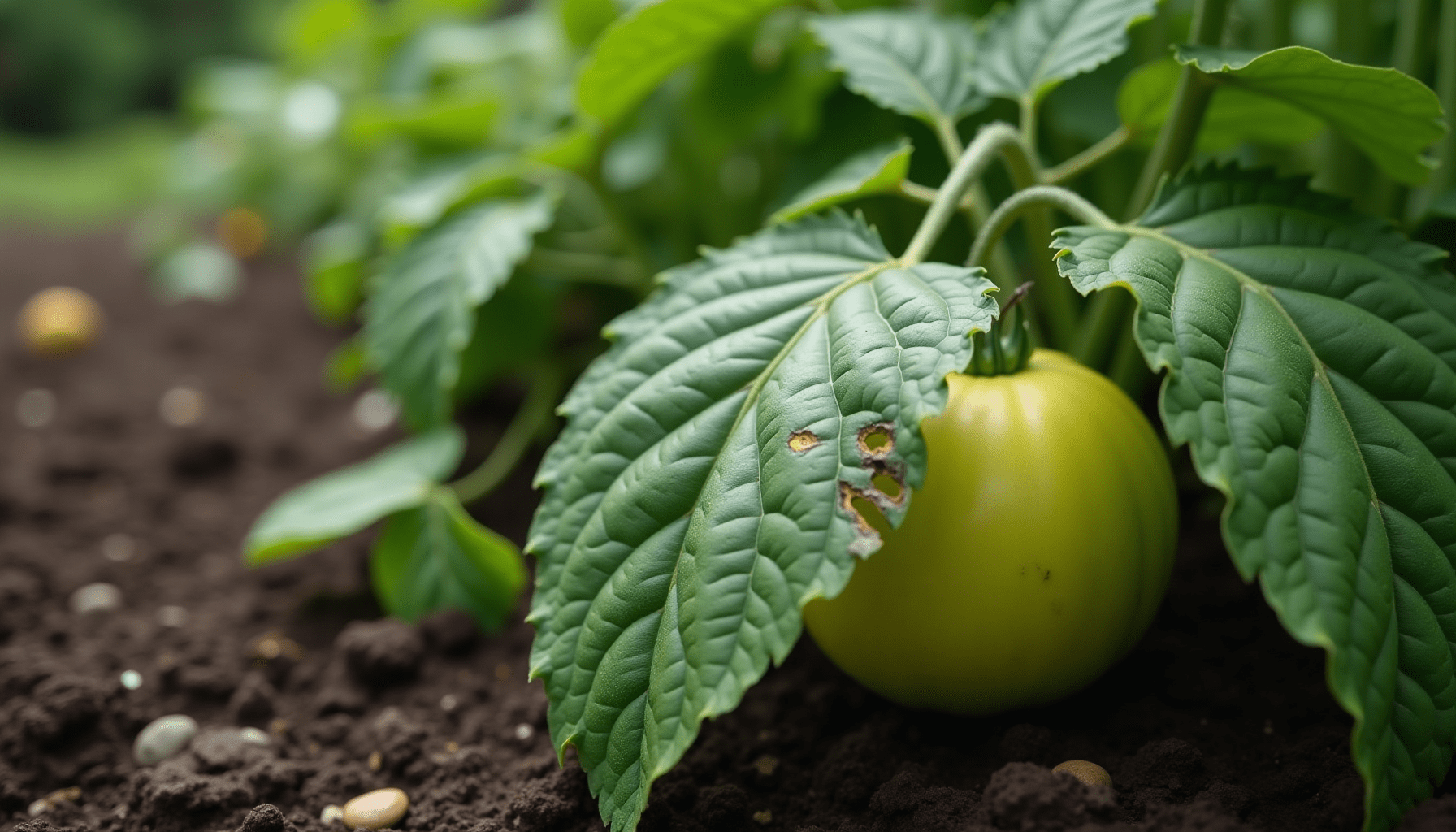 A medium-wide shot of a home vegetable garden showing a plant with leaves exhibiting typical pest damage, highlighting the need for natural garden pest control.