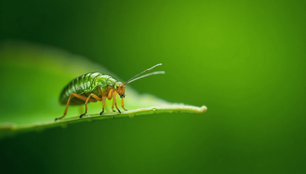 A stunning macro photograph of a vibrant green aphid on a fresh leaf, illustrating common garden pests that necessitate organic pest control products.