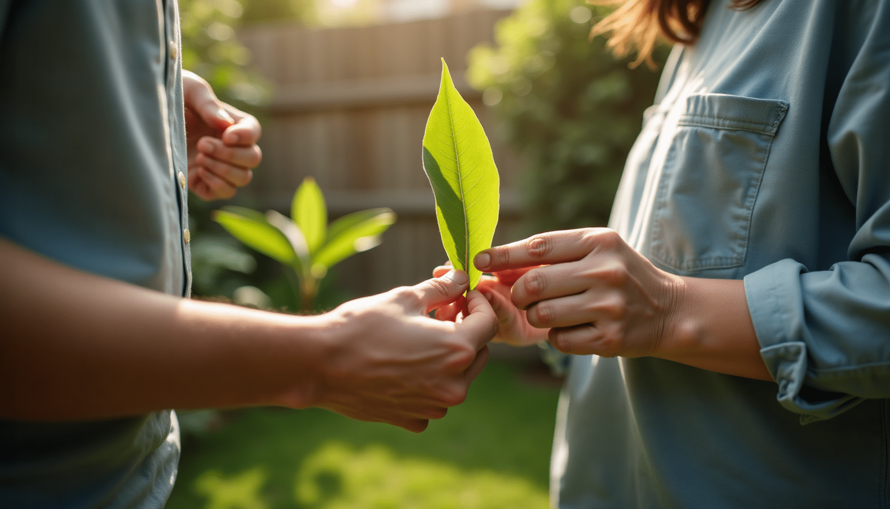 A person with natural skin texture and casual clothing inspects a plant leaf for insects in a home garden, demonstrating mindful safe pest management.