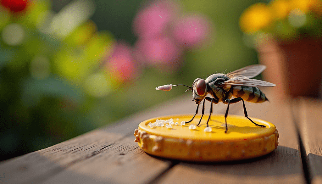 Close-up of an outdoor fly trap attracting flies in a garden patio setting.
