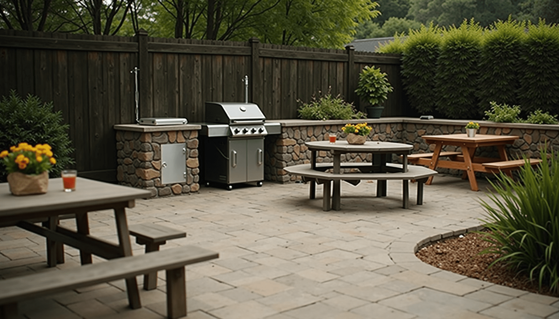 Patio scene showing outdoor fly traps set up around a BBQ area.
