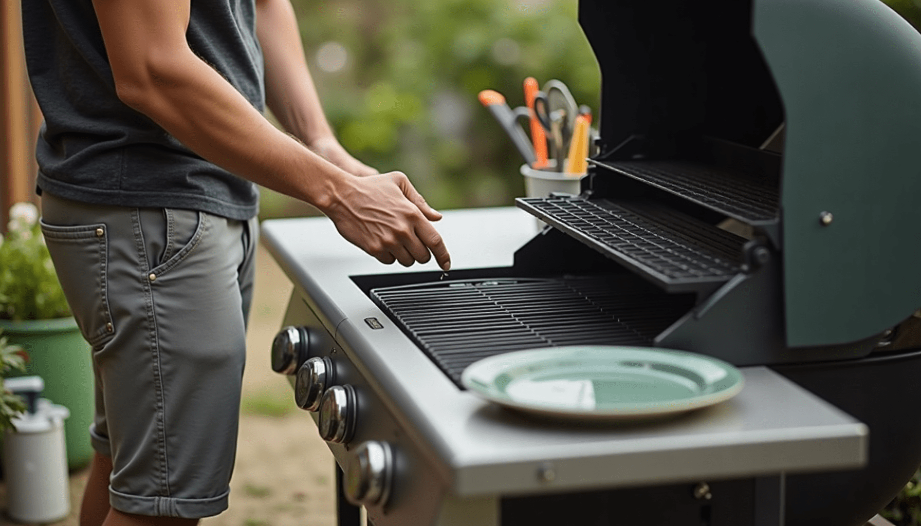 Person inspecting a patio fly trap near a BBQ grill in a casual outdoor setting.