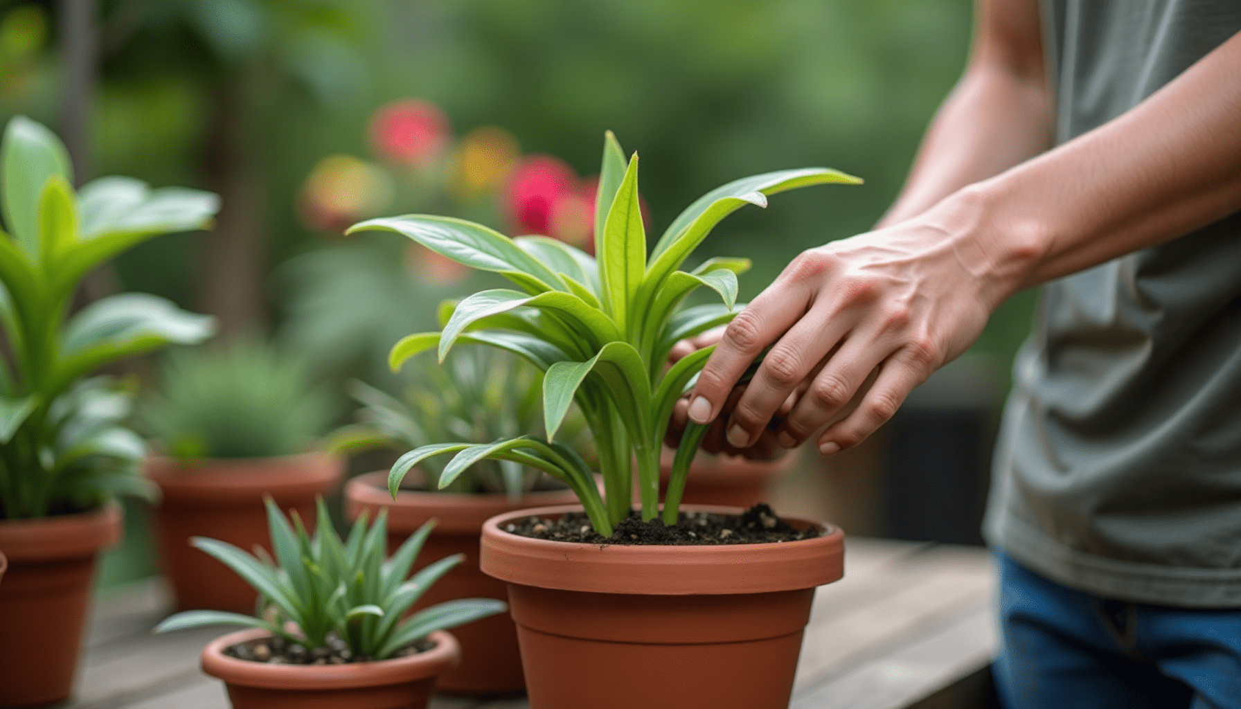 Person's hands tending to a citronella plant, demonstrating natural pest control in a garden.