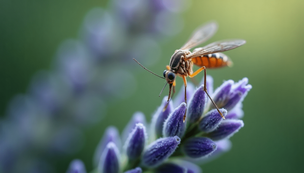Close-up macro photo of a mosquito on a lavender leaf, highlighting natural insect repellent plants.