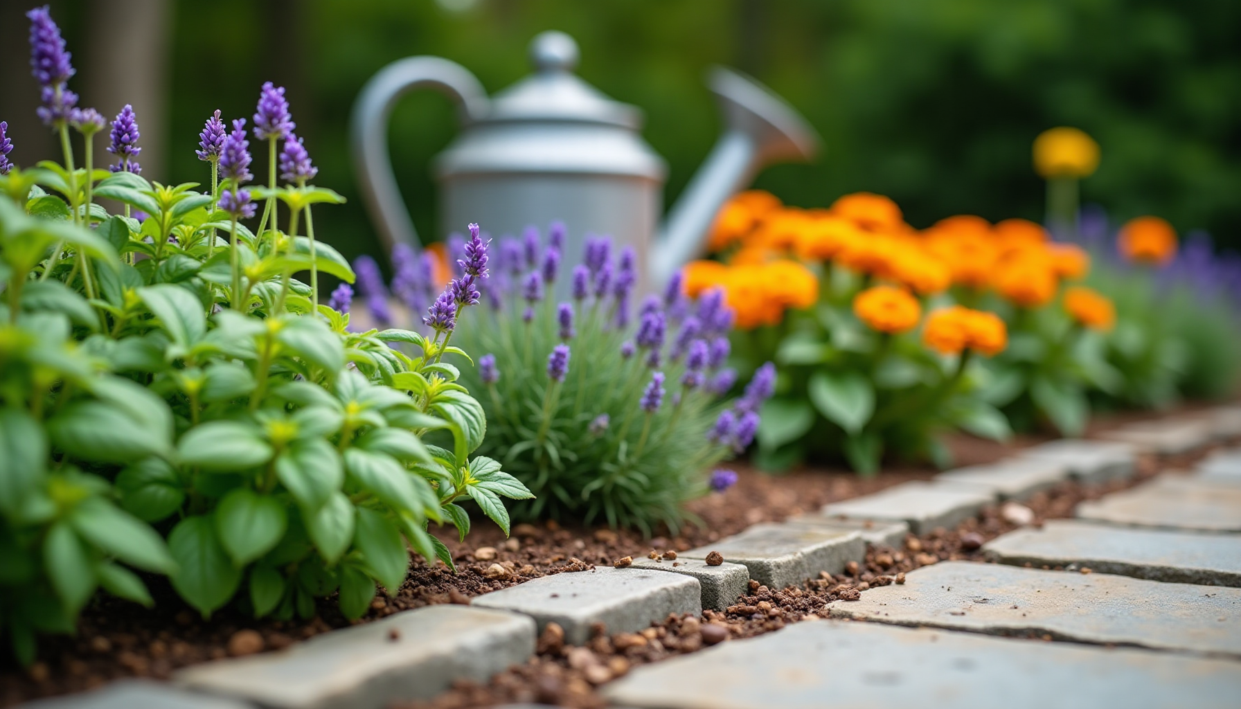 Garden bed with various natural insect repellent plants like lavender and marigolds bordering a patio.
