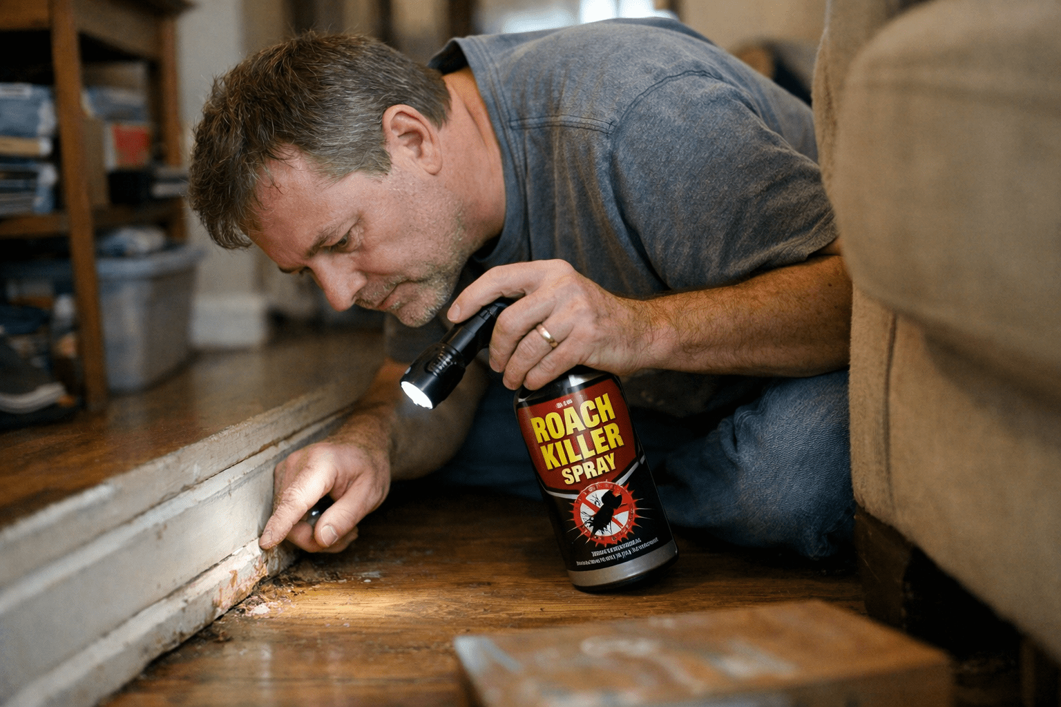 Homeowner inspecting baseboards with roach killer spray for effective cockroach control