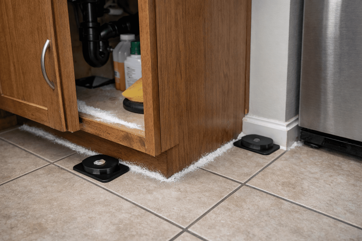Kitchen corner showing strategic placement of roach baits and cockroach control treatment stations