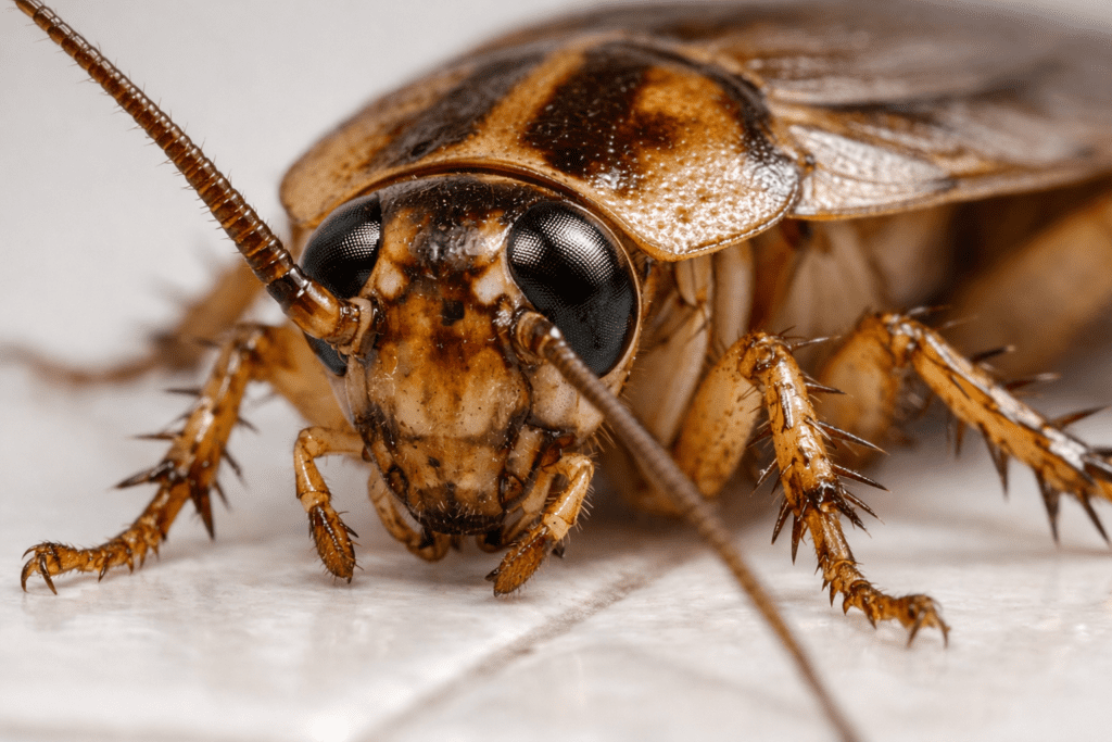 Detailed macro photo of German cockroach on kitchen tile surface showing anatomy
