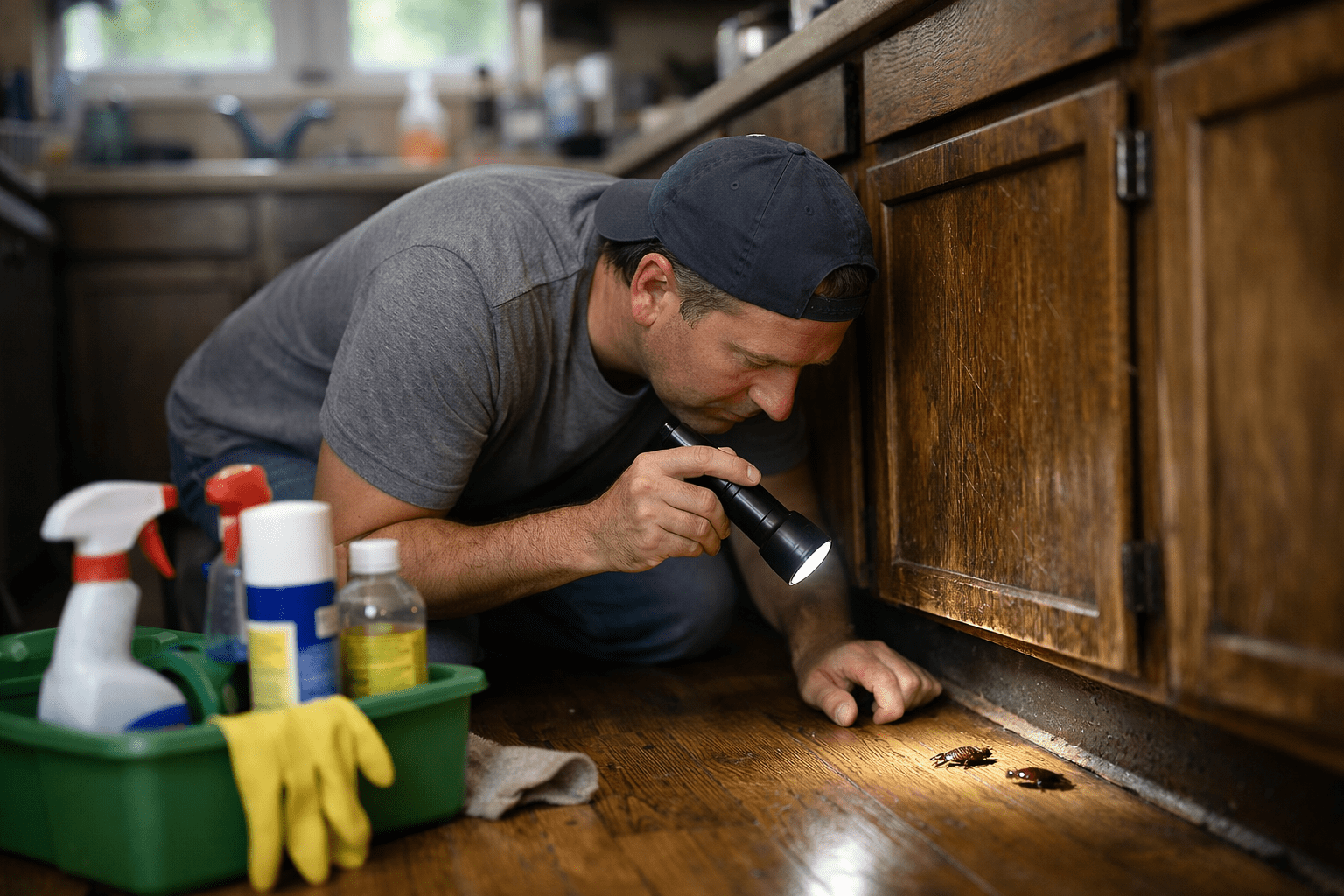 Person inspecting kitchen cabinets with flashlight for cockroach control and pest management