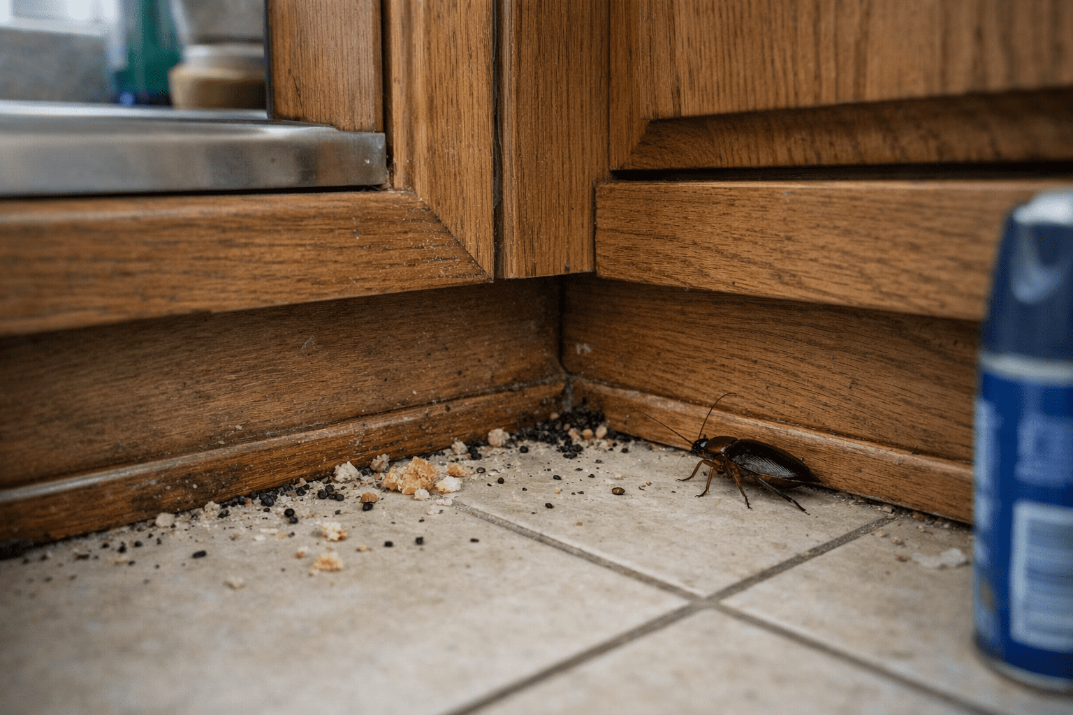 Kitchen baseboard and cabinet corner showing cockroach infestation signs and pest control area