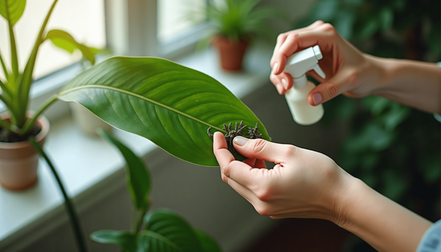 A person's hands gently inspecting the underside of a houseplant leaf for spider mites, holding a small bottle of neem oil for spider mite treatments.