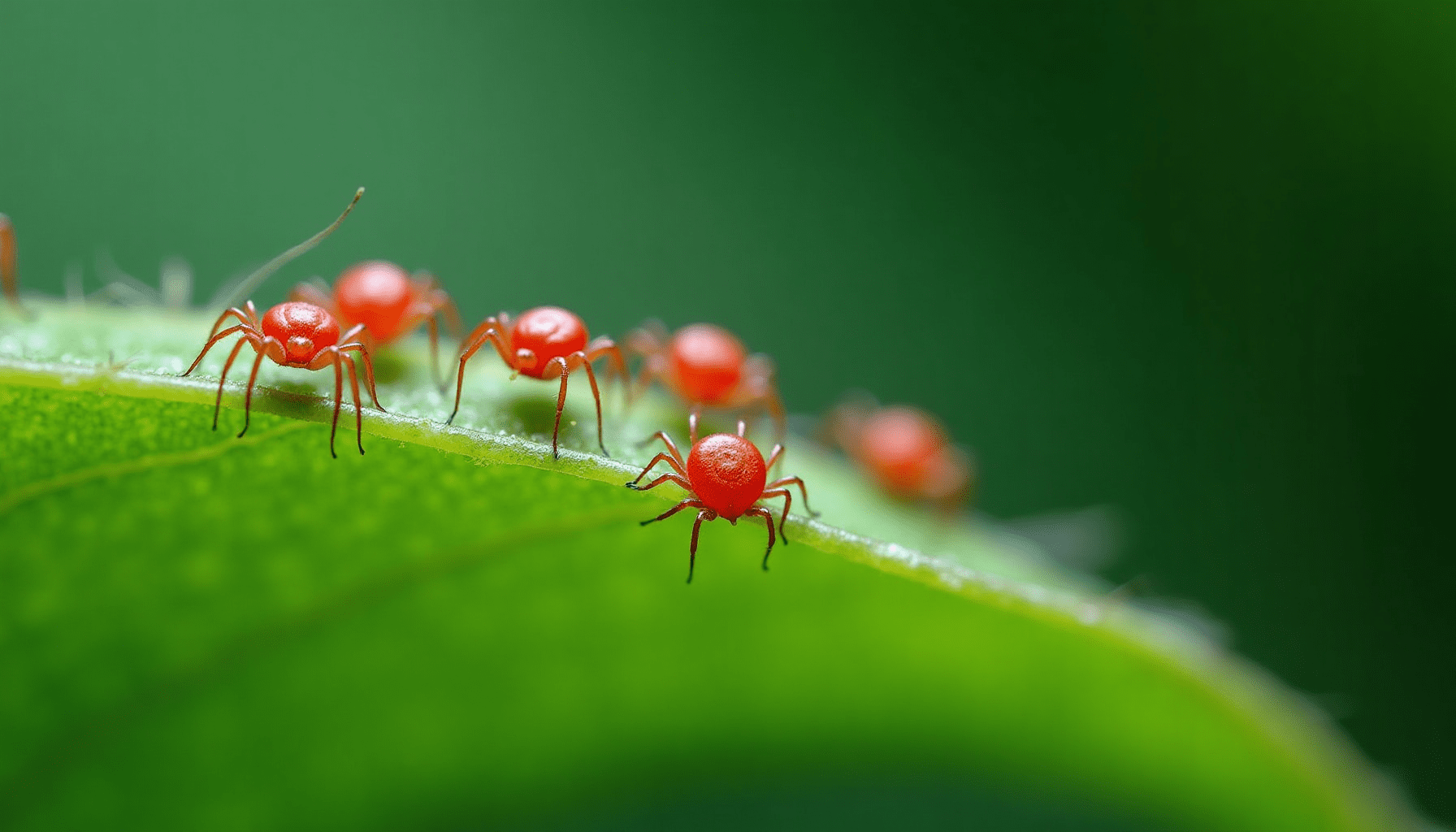 Dramatic macro shot of tiny red spider mites and their fine webbing on a vibrant green plant leaf, showcasing early damage.