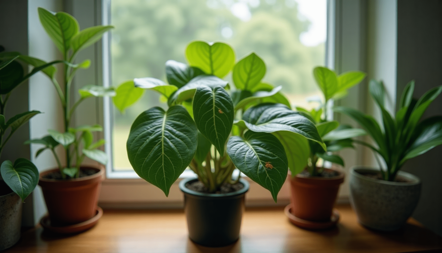 Indoor plant with visible spider mite damage and yellowing leaves, placed on a windowsill, highlighting indoor plant pest control.