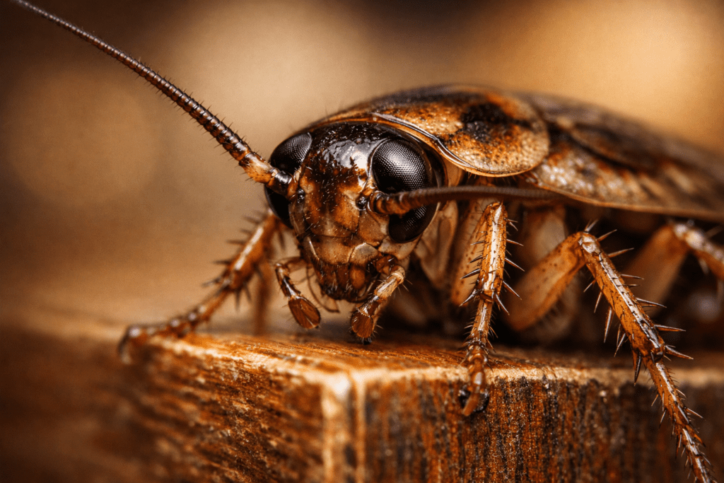 Close-up macro photograph of a cockroach on kitchen cabinet showing detailed anatomy and texture