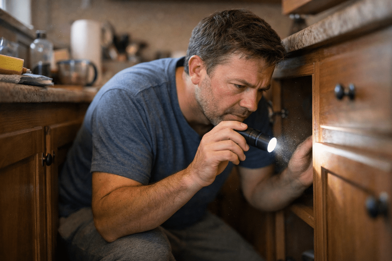 Homeowner inspecting kitchen cabinets with flashlight for cockroach pest control assessment