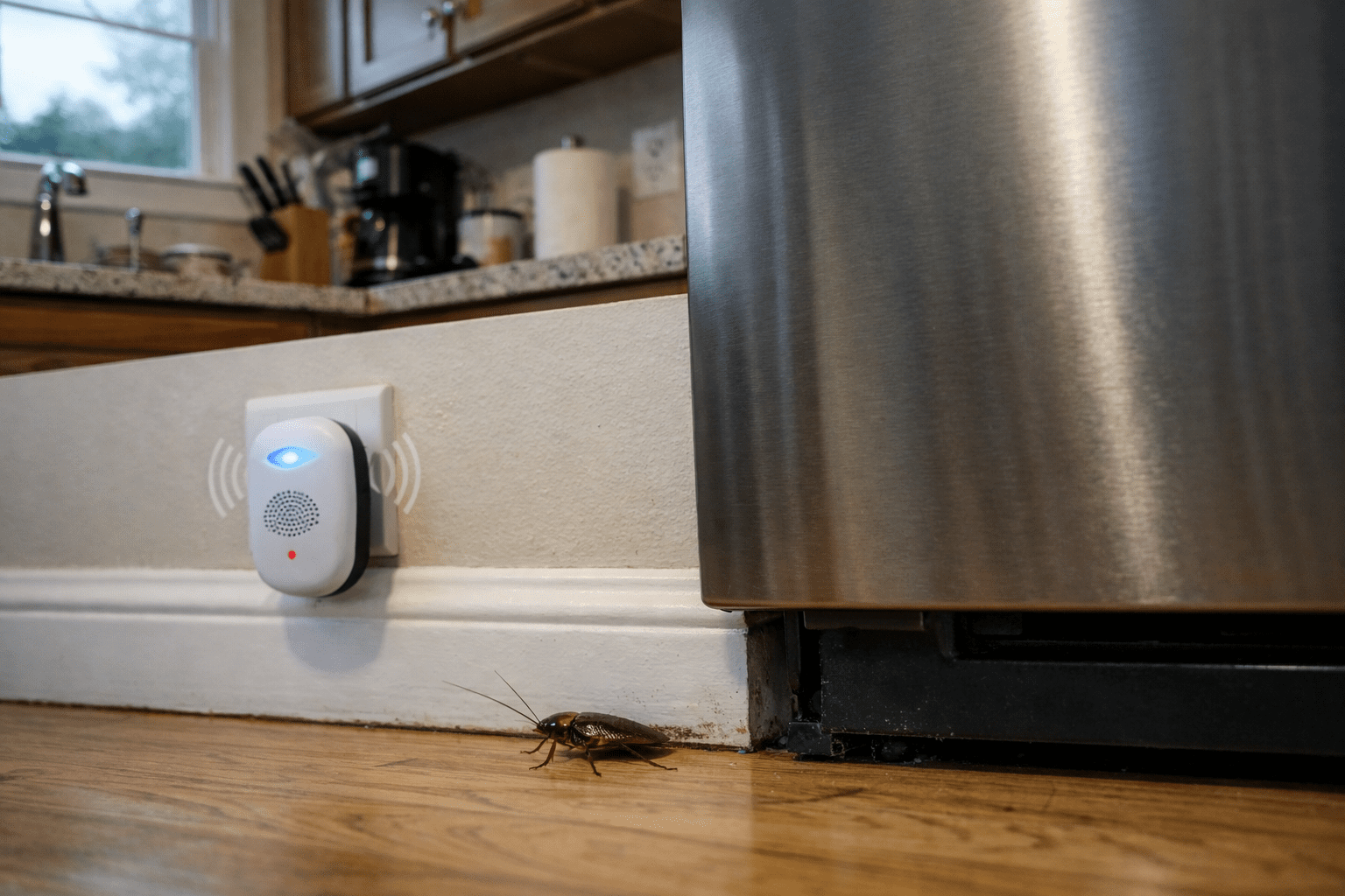 Kitchen scene with cockroach near fridge and ultrasonic repeller device on wall outlet