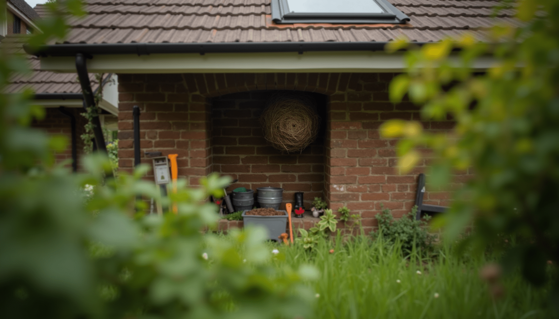 Garden scene showing a wasp nest under eaves, with plants and tools for context.