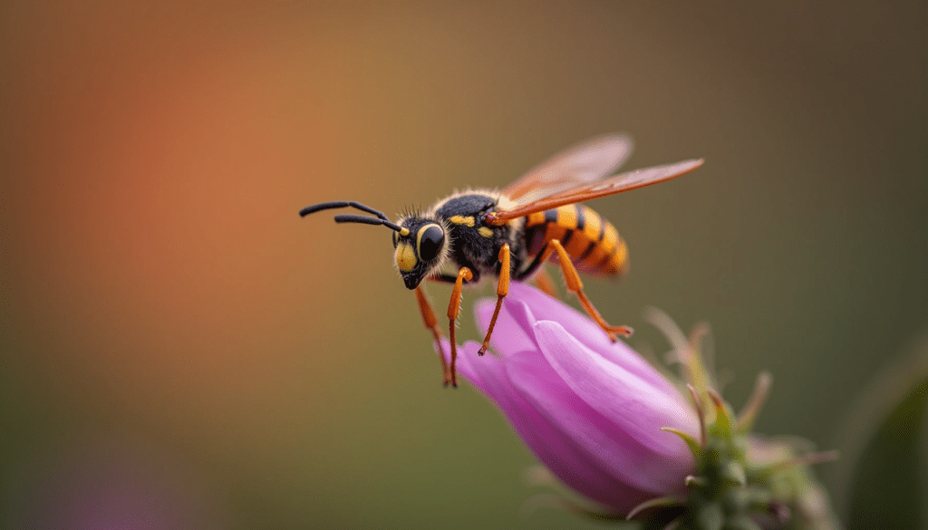 Close-up of a wasp on a flower showcasing intricate details and vibrant colors.