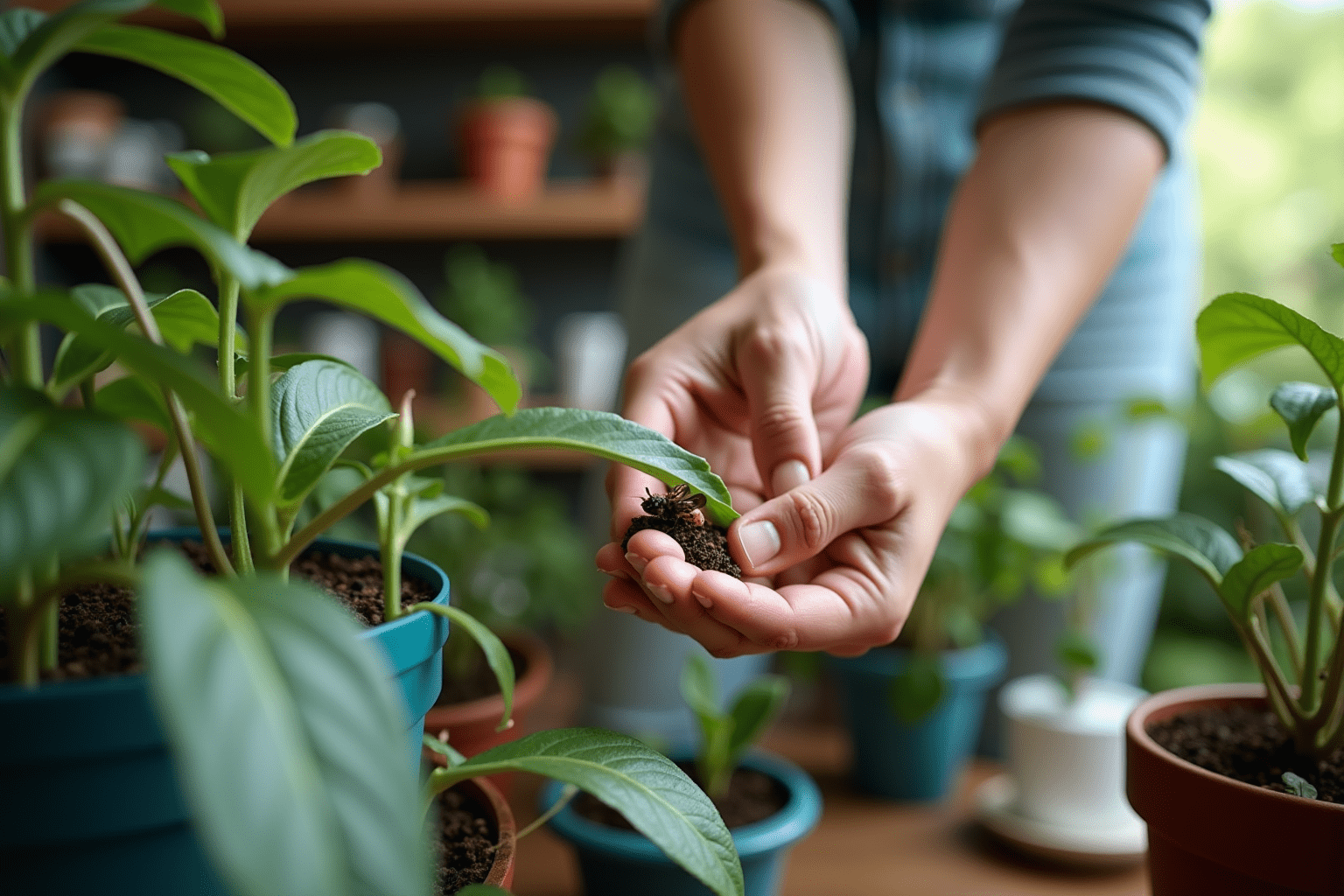 Person inspecting plants for wasps, showing practical pest management in a garden.