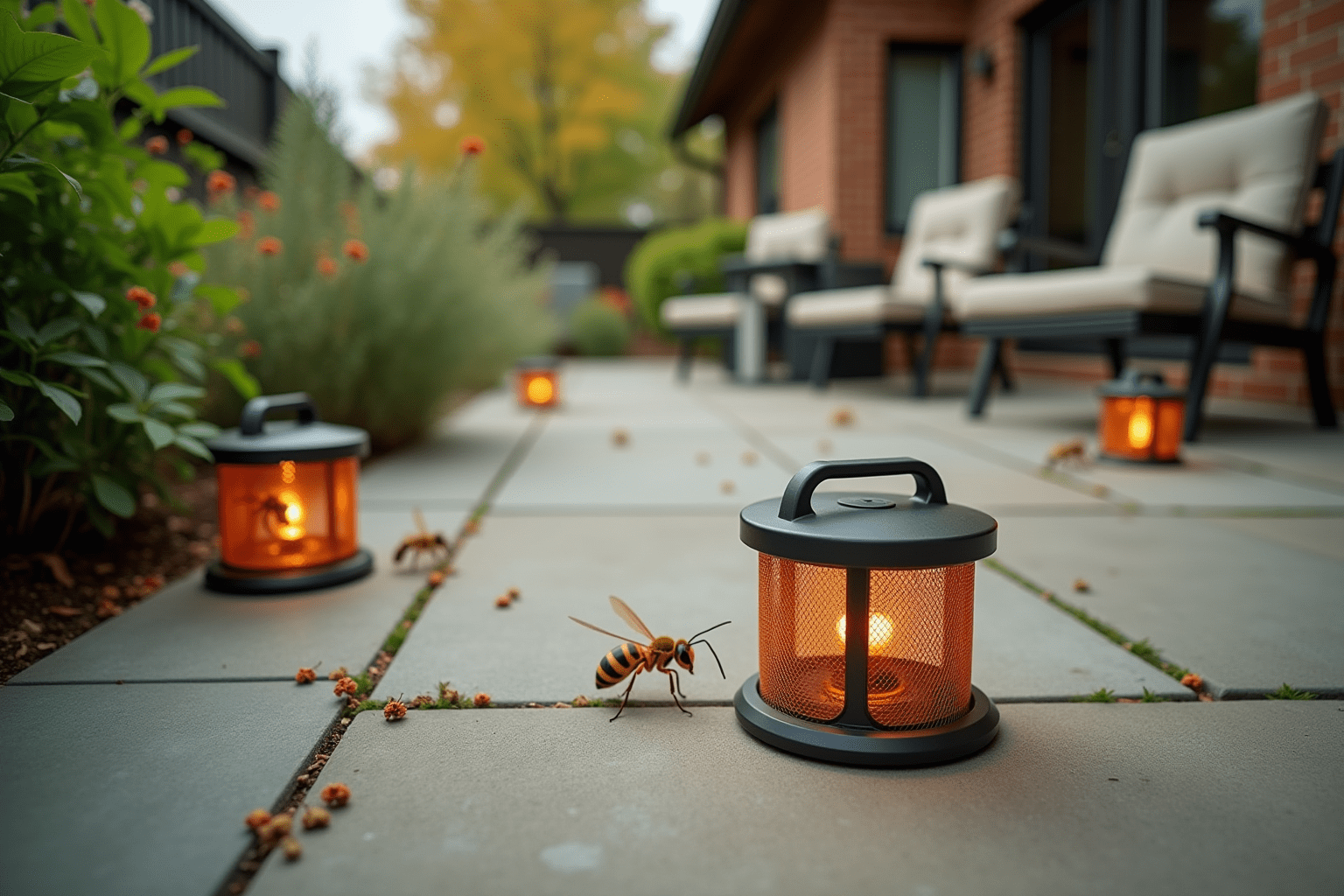 Backyard scene with wasp traps and signs of wasp activity in a garden setting.