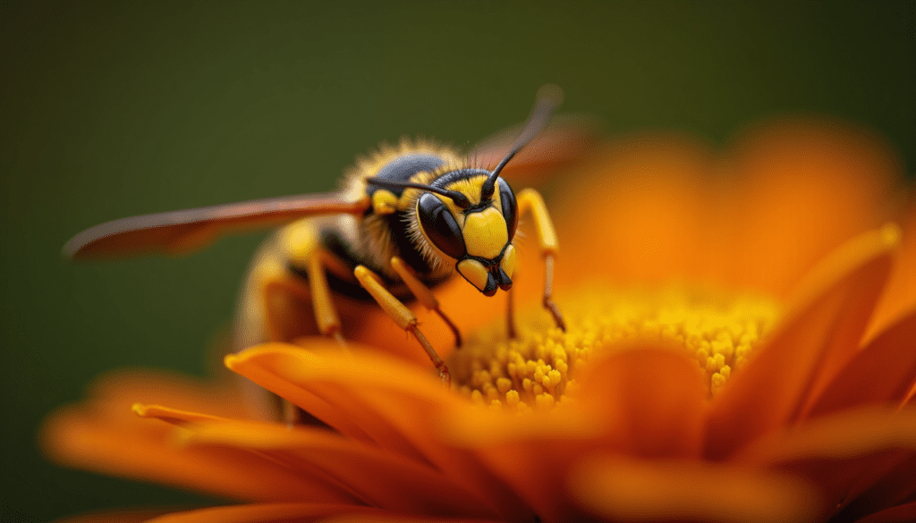 Close-up of a yellowjacket wasp on a flower, showcasing its details and natural habitat.