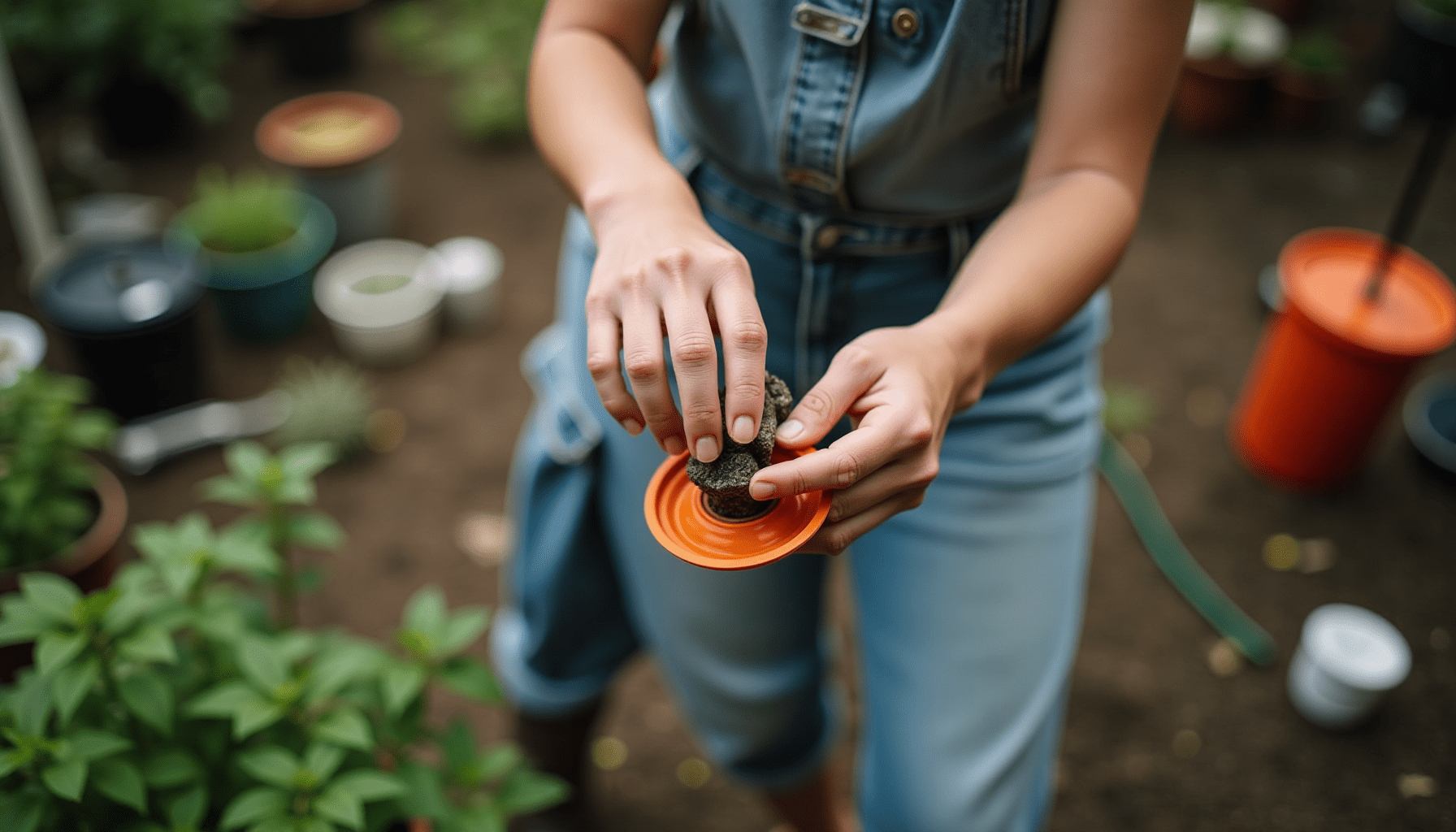 Person inspecting a wasp trap in a cluttered garden setting, highlighting outdoor wasp control.